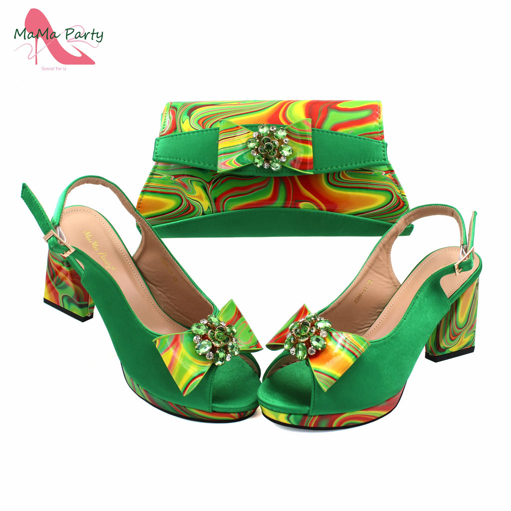 2024 Appliques Specials Italian Design Nigerian Women Shoes Matching Bag Set in Green Color INS Hot Sale Sandals