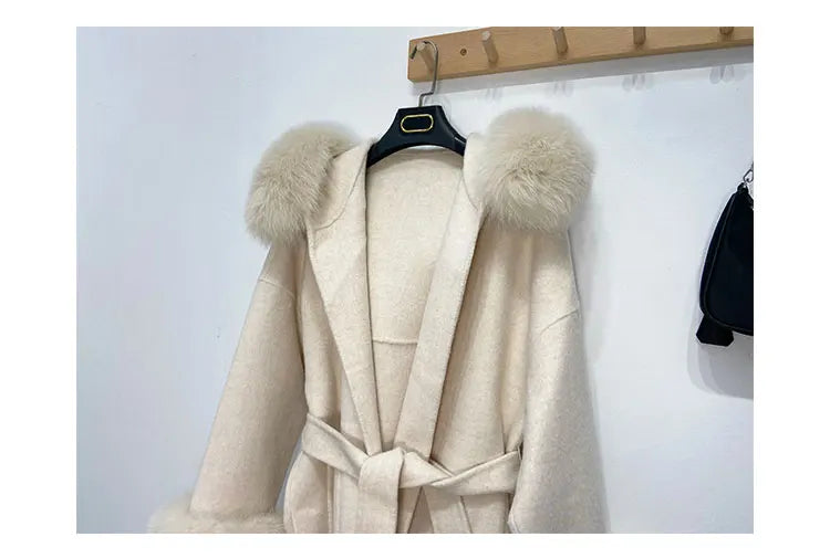 Faced Wool Ladies Winter Jacket Hooded coats Women Luxurious Real Fox Fur Coat Lose Clothing Cashmere Double