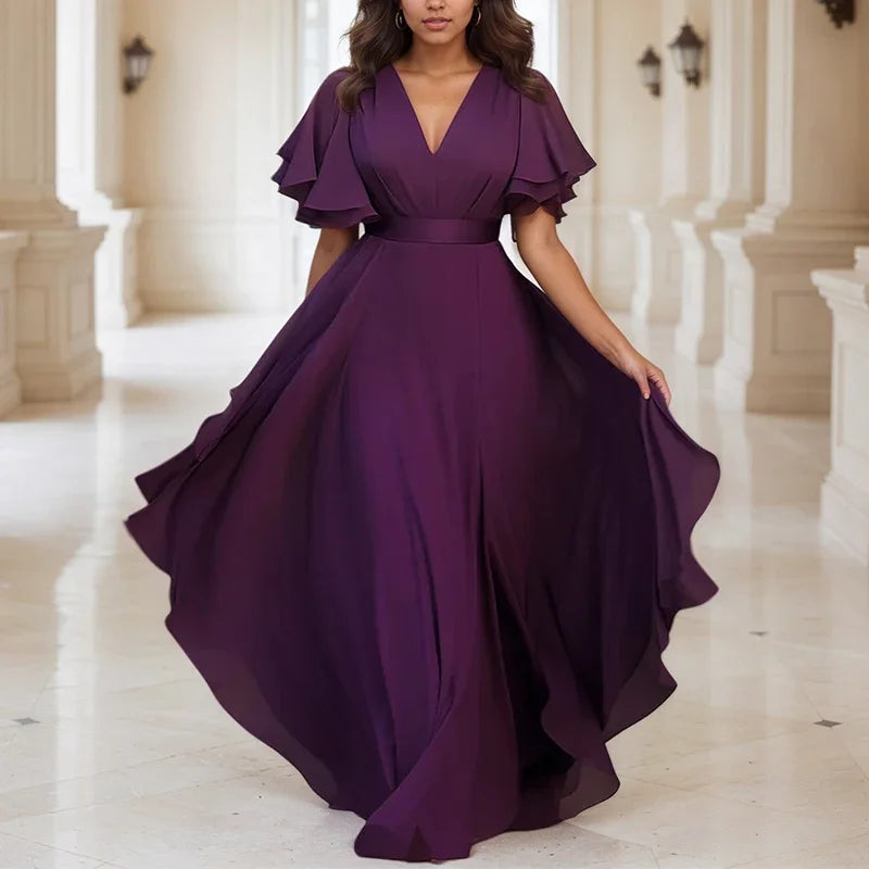 Women Plus Size Chiffon Dress Ruffle Sleeve Sexy V-Neck Purple Solid Pleated A-Line Elegant Party Club Wedding Guest Maxi Dress