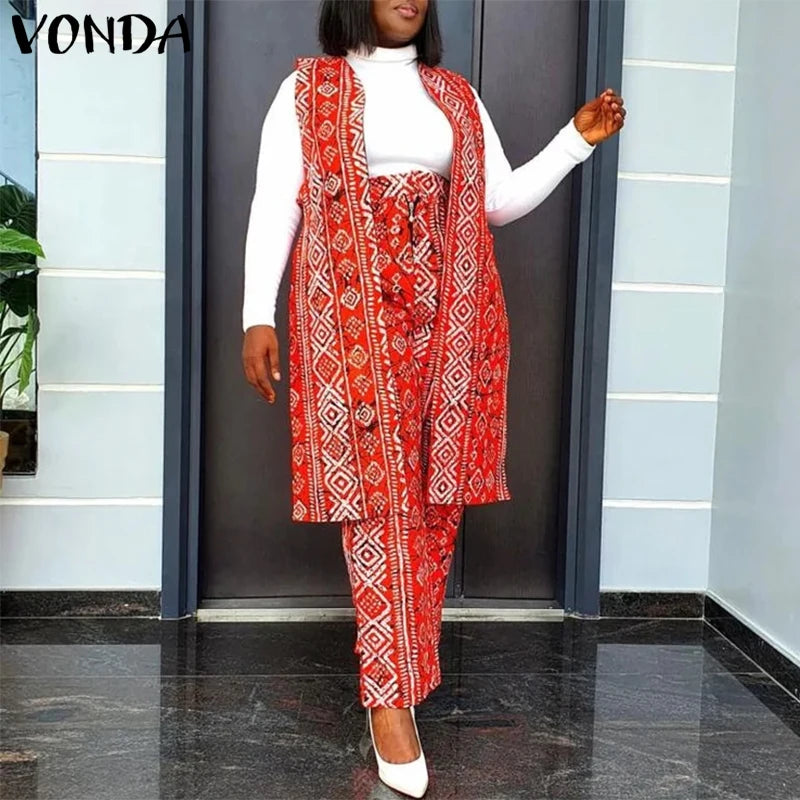 VONDA Plus Size Women Sexy Sleeveless Wide Leg Pants Sets 2024 Summer Vintage Tops Sets Bohemian Printed Suits Elegant Outfits