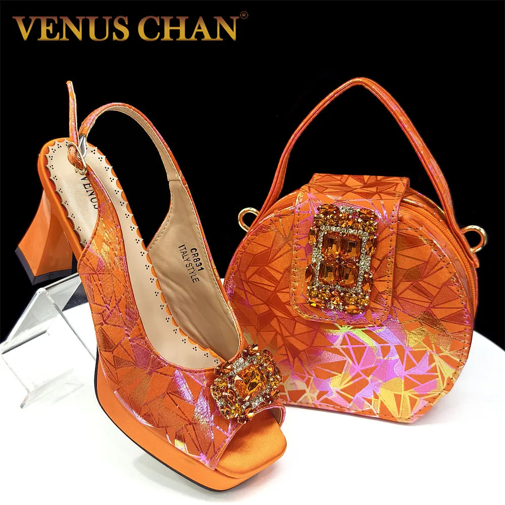Venus Chan 2025 INS Orange Color Elegant Women Shoes and Bag Set Decoration Rhinestones Square Head Women High Heels Shoes
