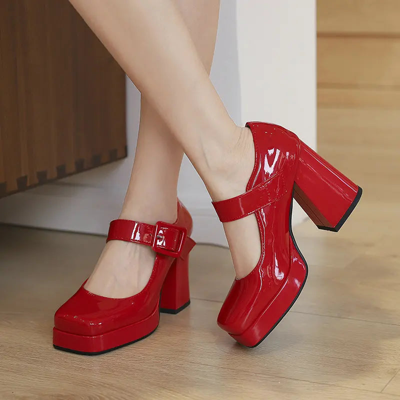 Size 33-48 Patent Shiny PU Leather Lady Office Pumps Wide Buckle Strap Platform Mary Janes Shoes Spring Fall Block Chunky Heels