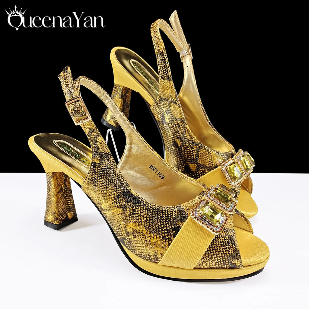 Queena Yan New Luxurious Italian Women's Party Shoes&Bag Set Elegant Golden Rhinestone  Sandals with Peep Toe High Heels Wedding