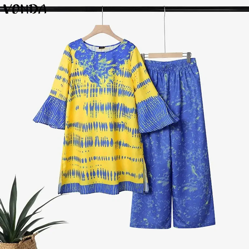 VONDA Plus Size 2PCS 5XL Women Pant Sets 3/4 Flare Sleeve Tops Long Pants Vintage Print Oversize Casual Loose 2 Piece Outfits