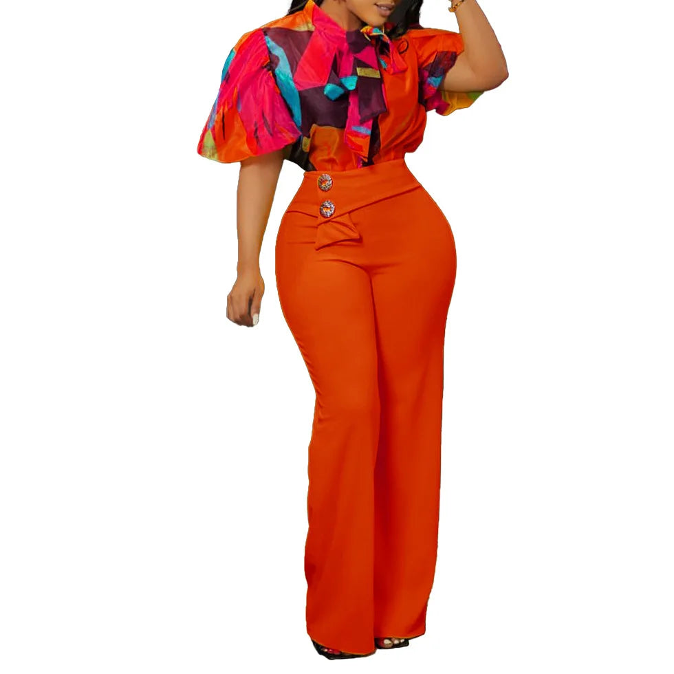 Women Two Pieces Set Printed Blouses Shirts Vintage Bow Collar with High Waist Pants Elegant Spring Fashion Office Ladies Suits
