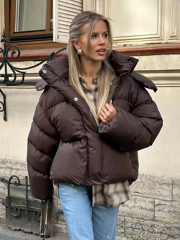 HH Female Winter Casual High Collar Warm Jackets Solid Hooded Long Sleeve Buttons Zipper Woman's New Fashion Loose Coats 2 Color