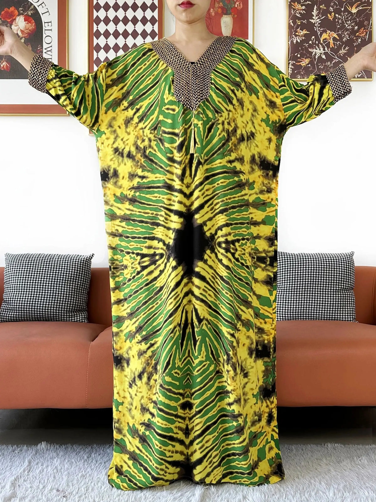 2025 Long Sleeve Embroidered V-Neck Cotton Women Loose Abaya Boho Maxi Dress Casual Fashion Dress African Vestidos