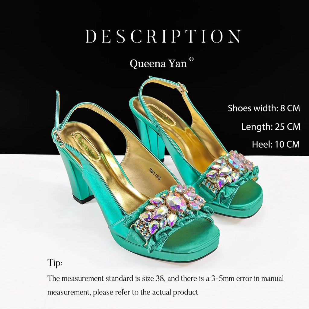 Queena Yan Spot goods 2025 INS Green Color Elegant Women Shoes and Bag Set Decoration Rhinestones Women High Heels Shoes