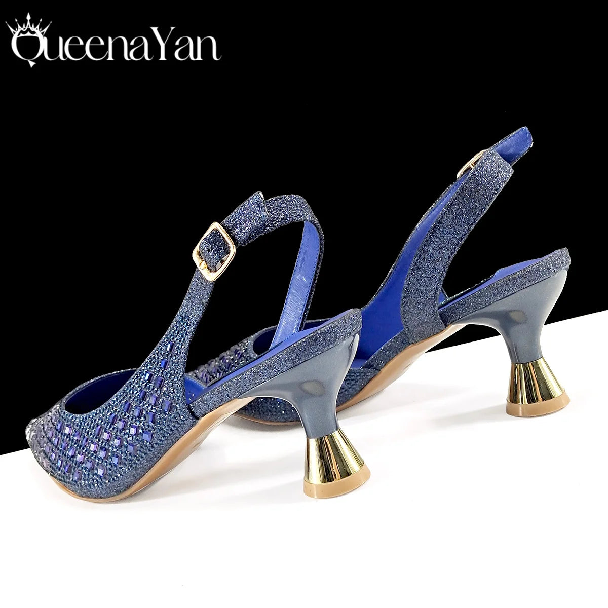 Queena Yan 2025 Italian Design Rhinestone Luxury Navy Blue Pointed Toe Shoe & Bag Set Women High Heels for Parties High Quality