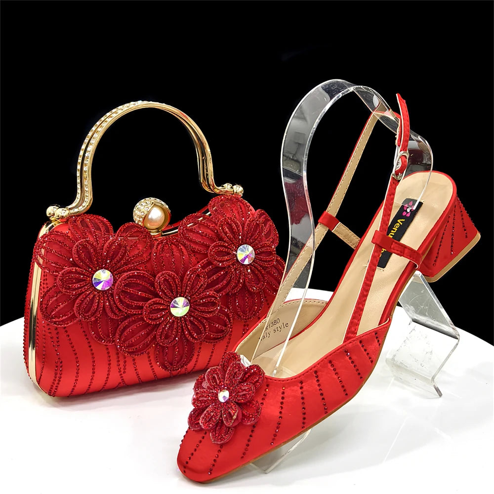 2026 New Elegant Italian Women's Black Heels with Rhinestones and Floral Accents & Matching Clutch Bag Set – Ideal for Parties