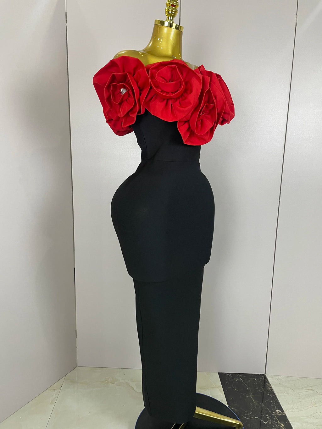 New Stereoscopic Red Flowers Sexy Off The Shoulder Ankle Lenght Bandage Dress Woman Birthday Party Vestido Wedding Party Outfit