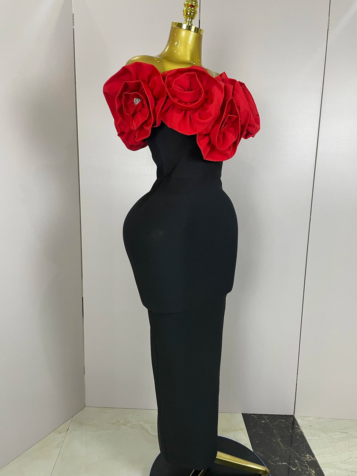 New Stereoscopic Red Flowers Sexy Off The Shoulder Ankle Lenght Bandage Dress Woman Birthday Party Vestido Wedding Party Outfit
