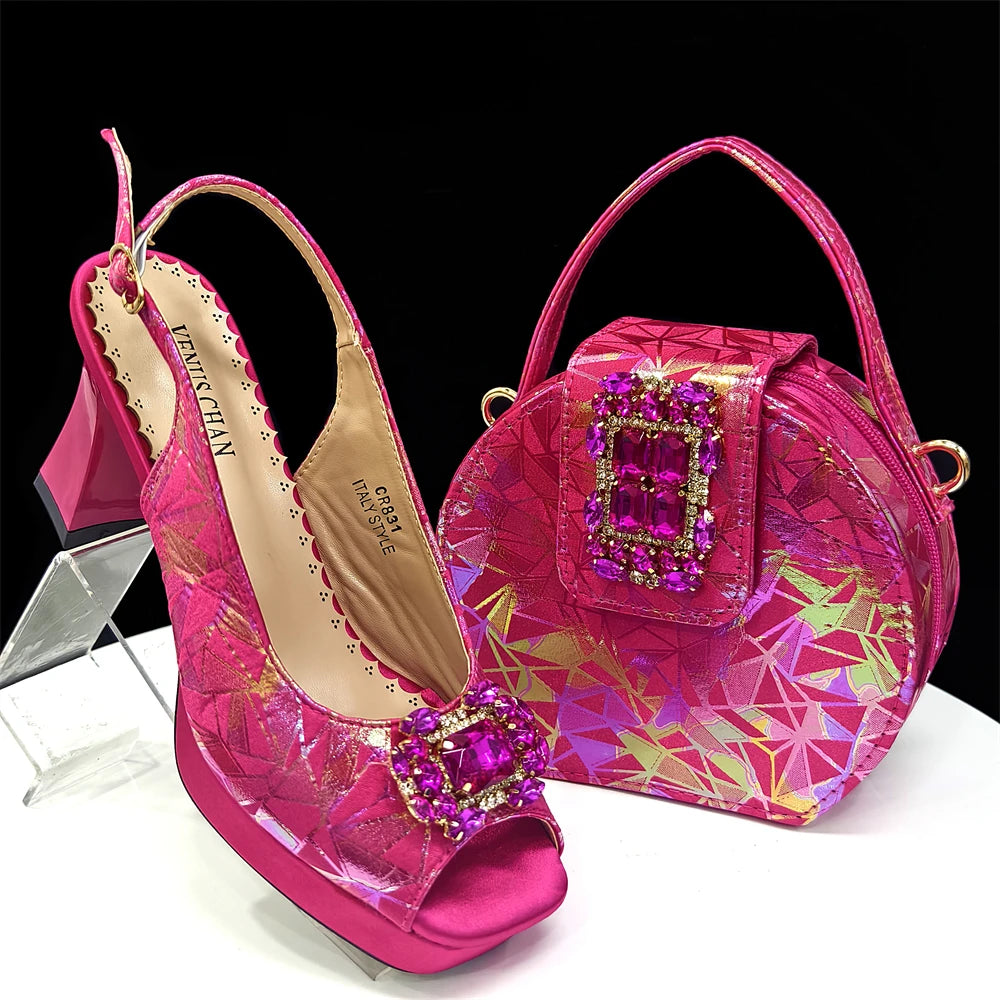 Venus Chan 2025 INS Orange Color Elegant Women Shoes and Bag Set Decoration Rhinestones Square Head Women High Heels Shoes