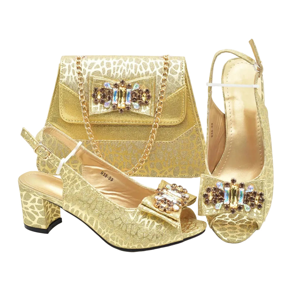 New Arrival Shoes and Bags To Match Set Nigeria Party Luxury Gold Color Wedding Italian Shoes Bag Set Decorated with Rhinestone