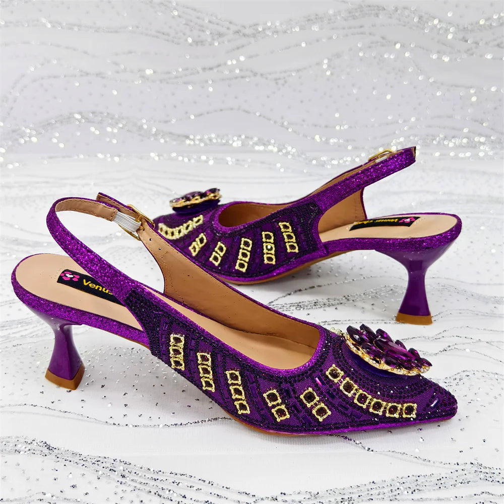 Venus Chan 2025 Elegant Rhinestone Pointed Toe Pumps With Matching Bag Set Large Size shoes Big Bag for Women's Party High Heels