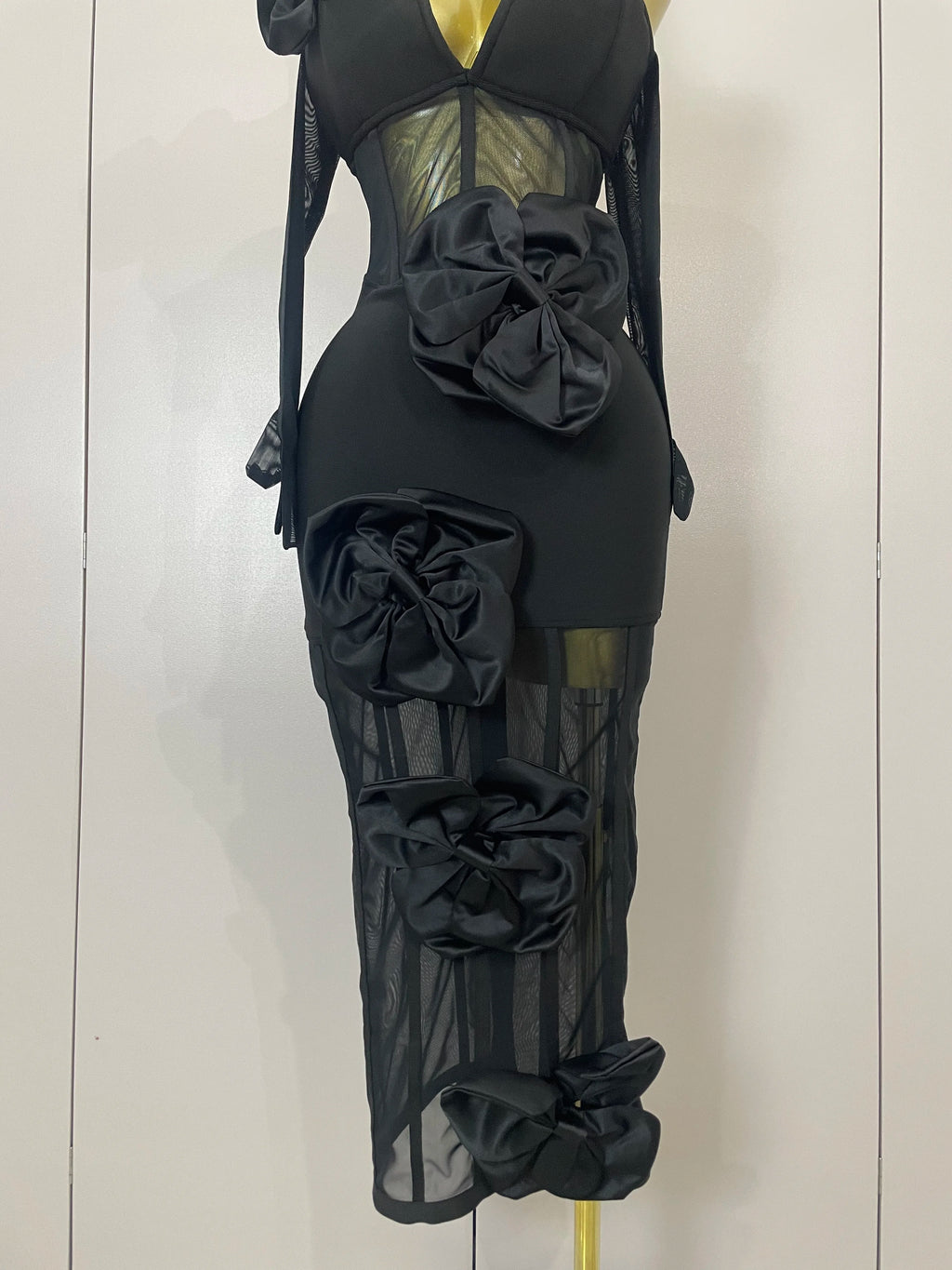 2025 Summer Women Elegant Party Birthday Dresses Sexy One Shoulder Bow Mesh See Through With Gloves Black Bandage Bodycon Dress