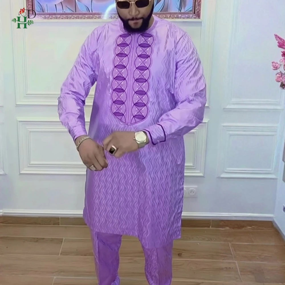 H&D African Clothing For Man Traditional Agbada Sets 2PCS Purple Bazin Riche Shirt Pant Embroidery Wedding Party Suits Plus Size