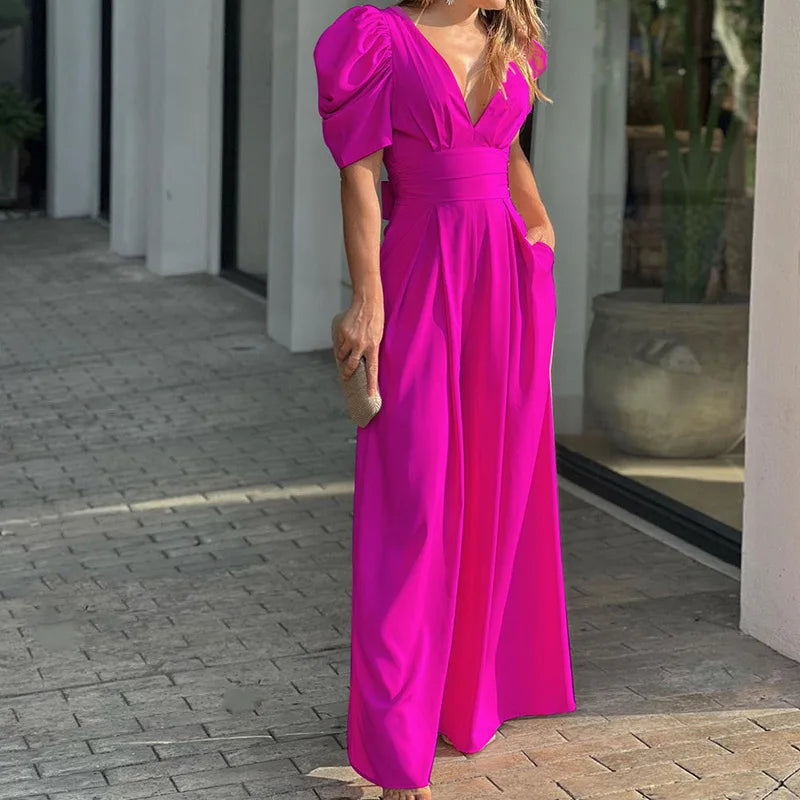 Casual Elegant Women's Summer Trendy Deep V-Neck Puff Sleeve Hollow Backless High Waist Jumpsuit Sexy Slim Pearl Button Belt