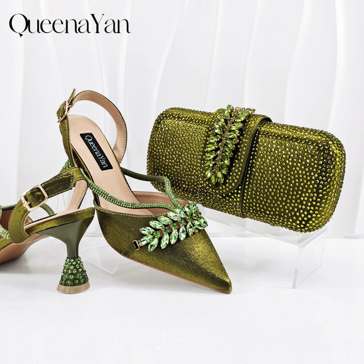 QueenaYan 2026 New Shiny Italian Fashion Pointed Toe Women Heel Fashion Rhinestone Decoration Pink Color Shoes And Bag Set