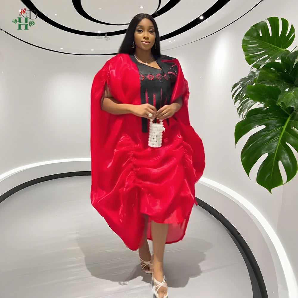 H&D African Women Plus Size Clothes New Arrival V-Neck Batwing Sleeve Embroidered Ruched Irregular Dress Wedding Gown Bubu Robe