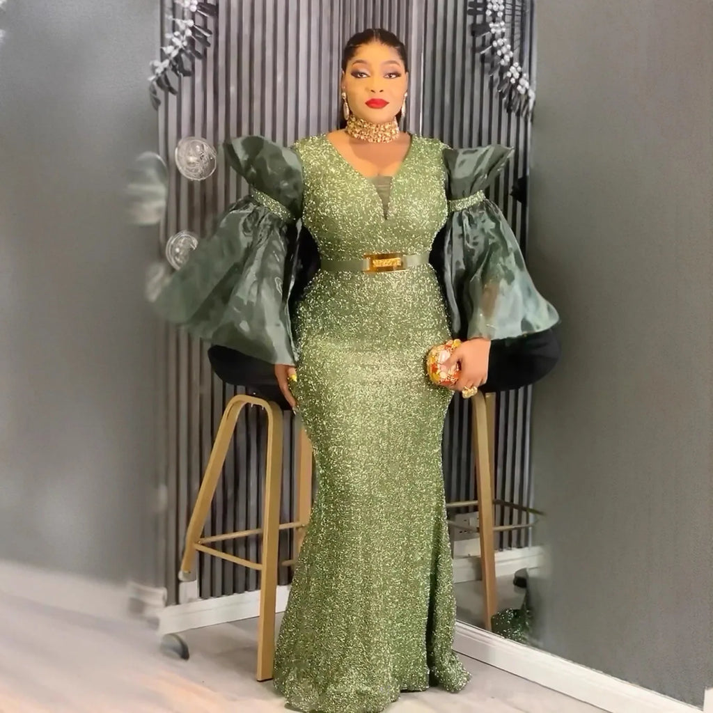 African Party Dresses for Women Elegant Turkey Muslim Wedding Evening Gown Plus Size Dashiki Sequin Sexy Bodycon Long Dress