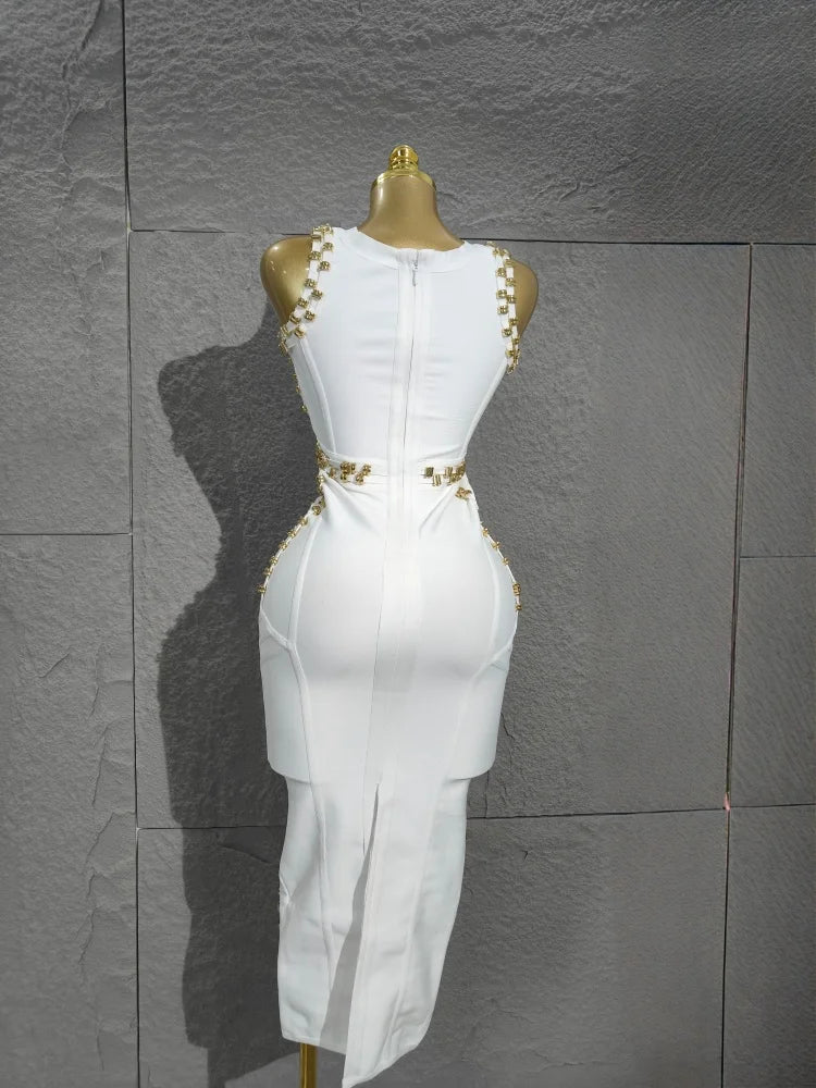 Real Rayon Bandage Midi Dress - High-Quality, Sleeveless with Beads, Thick Knitted Elastic for Vintage Party Occasions