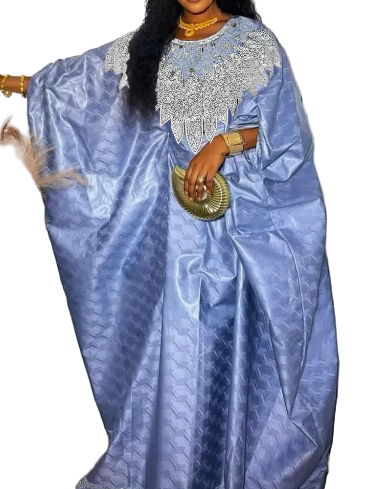 Sky Blue Bazin Riche Long Dresses Sequined Bazin Boubou Brocade Sequins Neck Shiny African Ankara Women Dashiki Robe