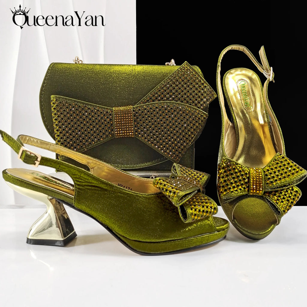 2025 New Rhinestone Design African Shoes & Bag Set in Olive  Open Toe Comfortable Women's High Heels Hot Sale on Instagram