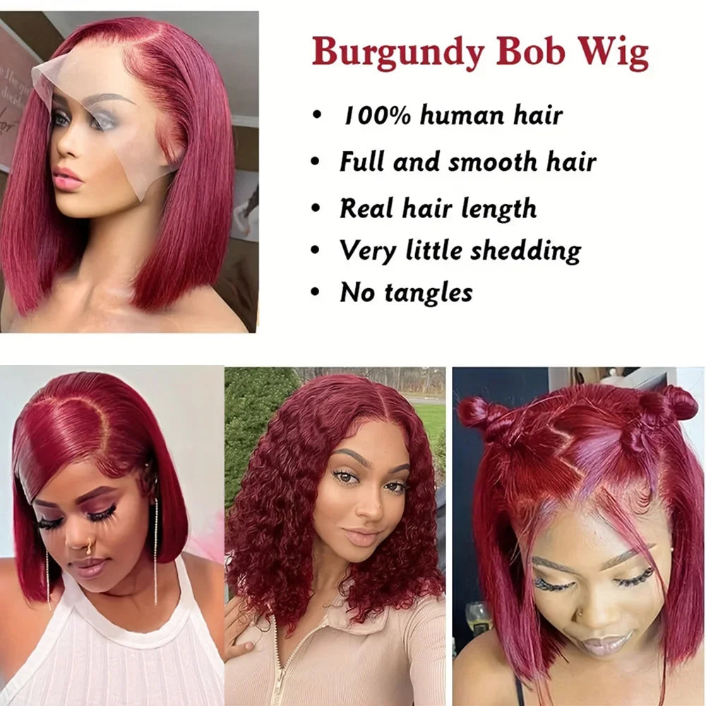 99J Burgundy Bob Wig Human Hair 14 Inch Preplucked Prebleached 13x4 HD Lace Front Wigs 200 Density Short Bob Straight Human Hair