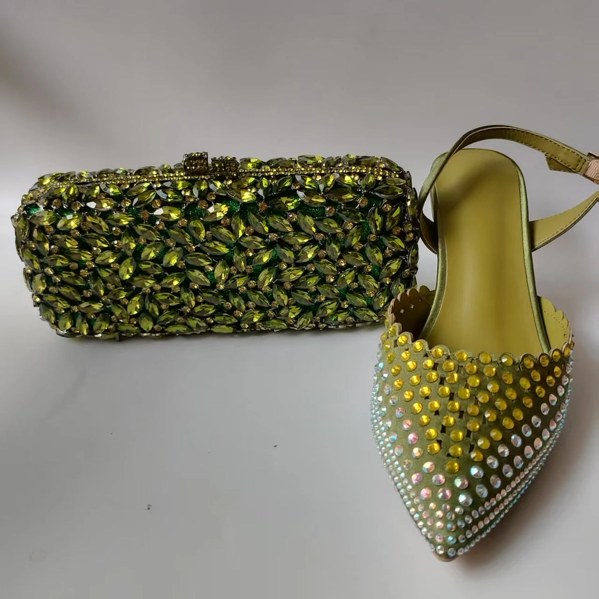 Luxury Olive Green Rhinestones Women's Shoe and Bag Set for Party Wedding Crystals Heeled Pumps and Handbag Sandals