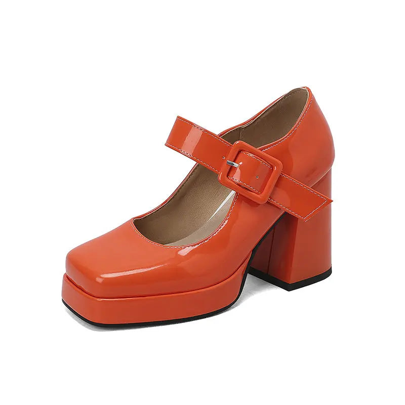 Size 33-48 Patent Shiny PU Leather Lady Office Pumps Wide Buckle Strap Platform Mary Janes Shoes Spring Fall Block Chunky Heels