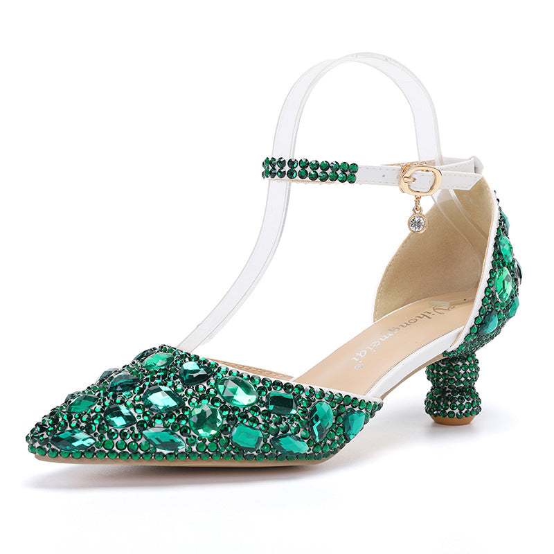 New 5cm Rhinestone shoes buckle round heel blue pointed Crystal Wedding sandals social dance Prom shoes Latin  shoes size 35-43