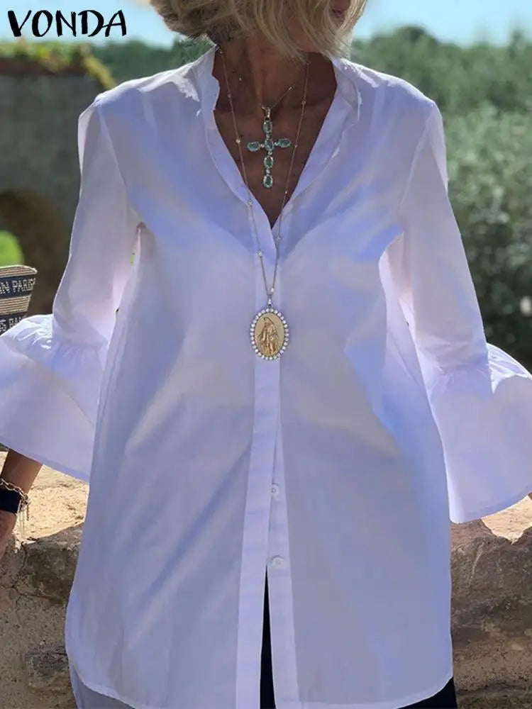 VONDA White Shirts Summer Women Elegant Solid Flare Sleeve Blouse 2023 Fashion Sexy V Neck Office Tunic Tops Femininas Blusas