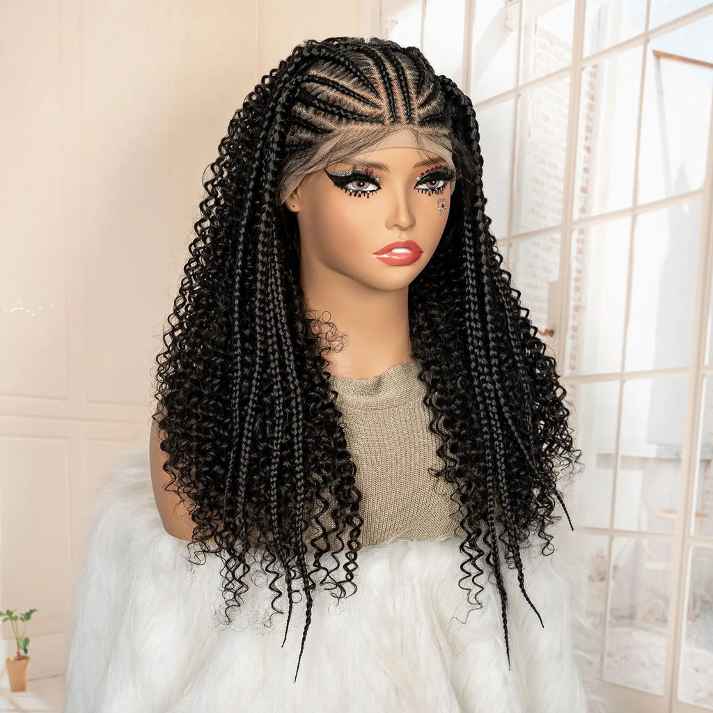 13x6 Lace Frontal Synthetic Braids Wig 22 Inches Cornrow Braided Wig with Curly Handmade Knotless Braiding Wig for Black Women