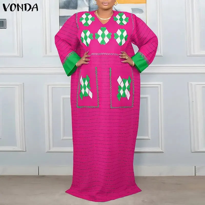 VONDA Plus Size 5XL Bohemian Women Long Sleeve Maxi Dresses 2026 Autumn V-Neck Casual Loose Print Party Vestidos Vintage Robe