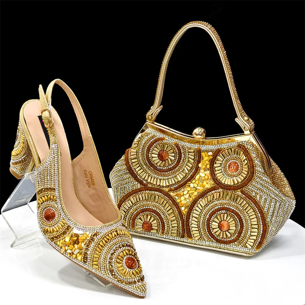 2025 Fashion Newest Arrival Orange Pointed Toe Women Sandals Shoes Matching Bag Set for Ladies Wedding Party Pump