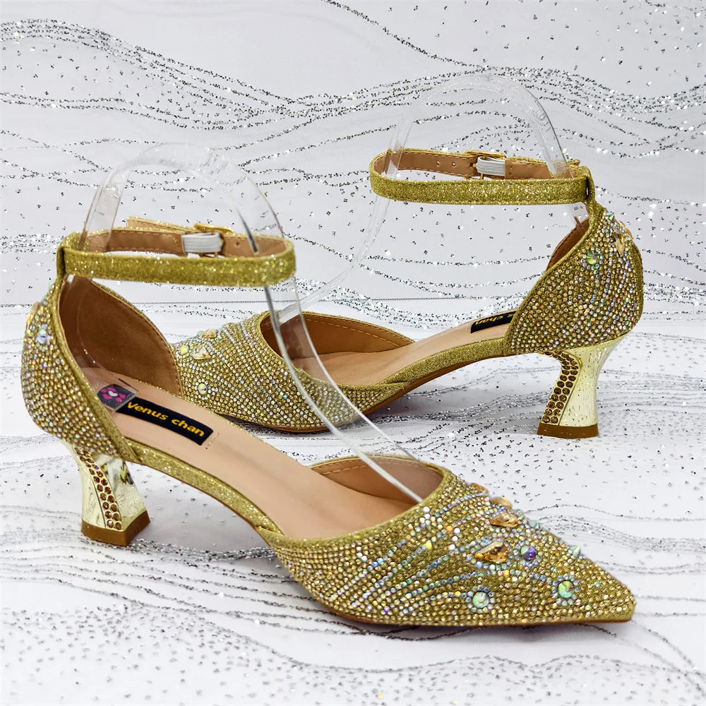 Elegant Italian Rhinestone Pointed-Toe High Heel Shoes with Matching Handbag Set - Stylish & Comfortable Women's Footwear
