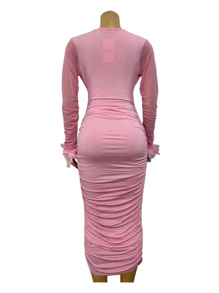 Sexy Bodycon Dress Women Autumn Clothes Solid Color Classy Party Dresses Slim Waist Deep V Neck Long Sleeve Evening Chic Dresses