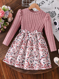 Spring and Autumn Girls' Simple Casual Versatile Knit Round-Neck Long-Sleeve Floral Dress, Everyday Casual Dress for Girls, Can Be Used as a Holiday Gift, Eid, Easter, Carnival, Chinese New Year