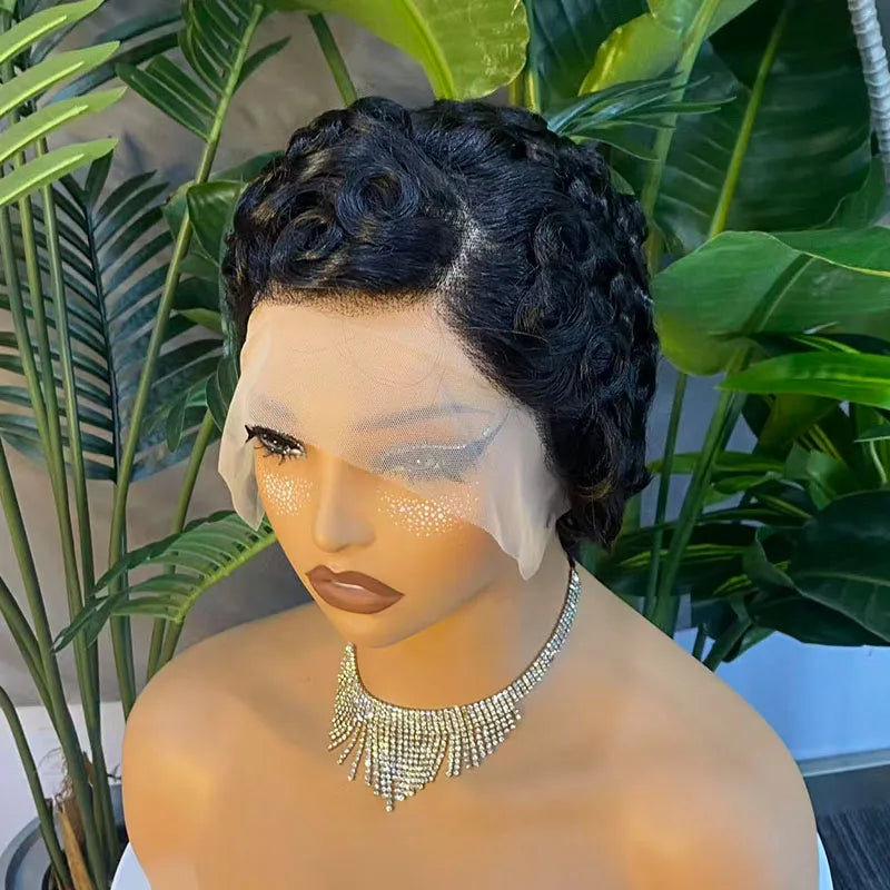 Short Wave Pixie Cut Wig Brazilian Virgin Human Hair Wave Wigs Glueless Easy Wear Curly Wigs Natural Black Color for Black Women