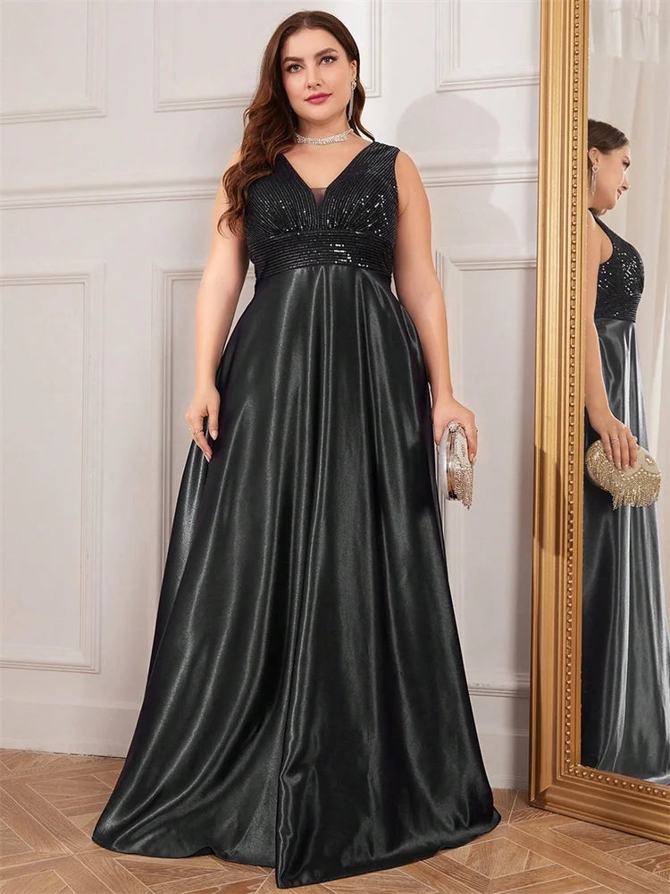 Plus Size Elegant Sequins Evening Dress For Women 2025 Deep V-neck Satin Prom Party Dress Floor Length Formal Gowns
