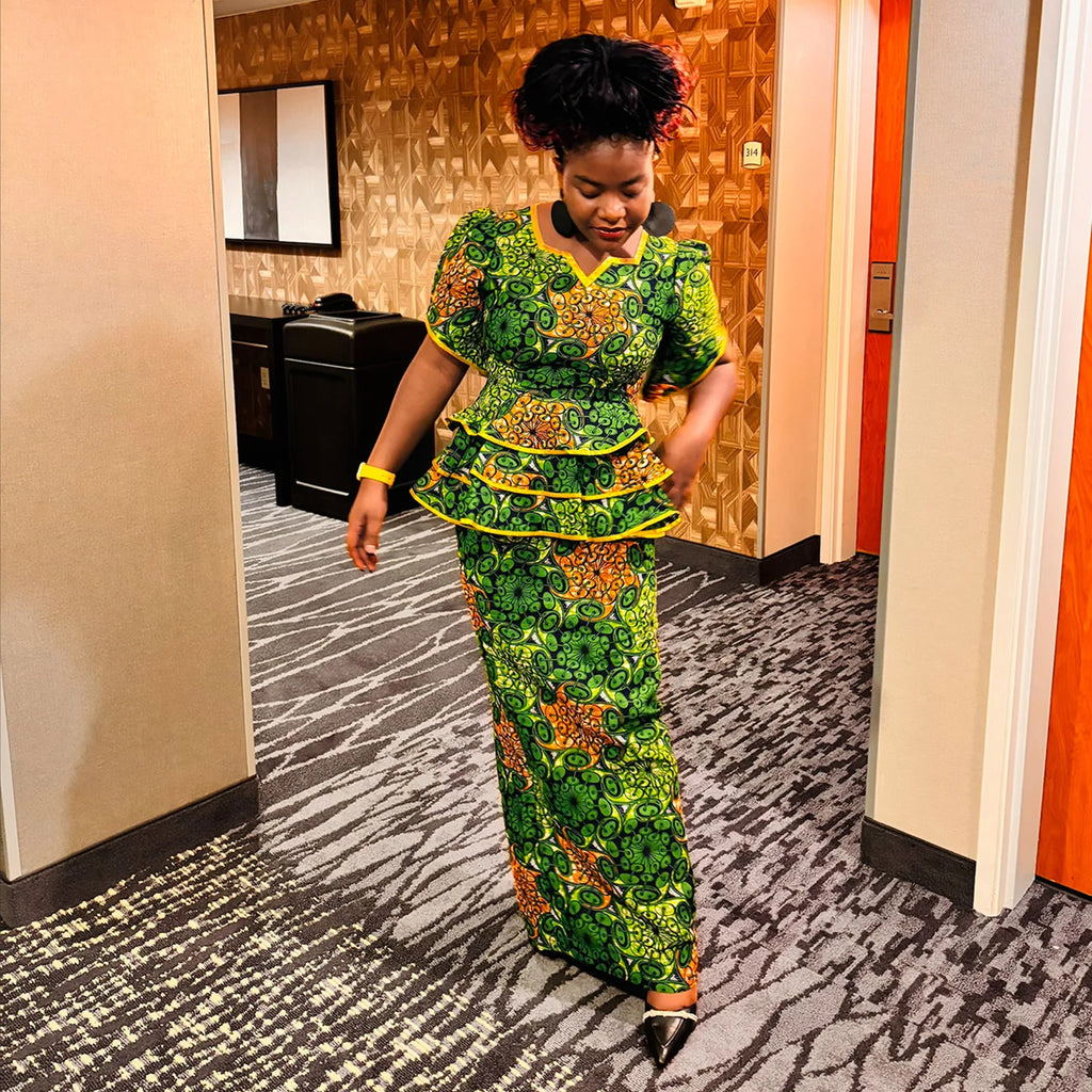 Elegant African Dresses for Women Dashiki Ankara Print Puff Sleeve Ruffles Top and Skirt 2 Pieces Sets with Headscarf 2526032