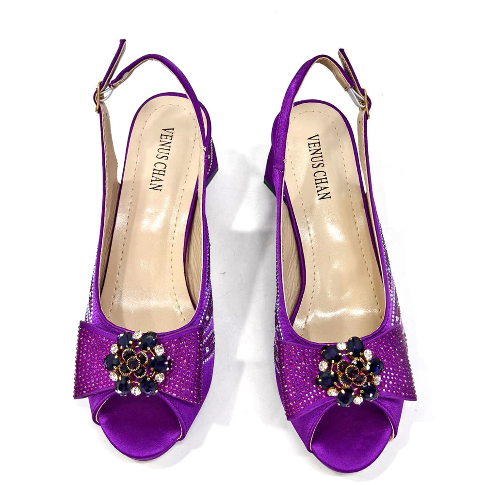 Venus Chan Italian Shoes and Bags Matching Set 2024 Peep Toe High Heels Peach Colour Bow Rhinestones Women Shoes for Party
