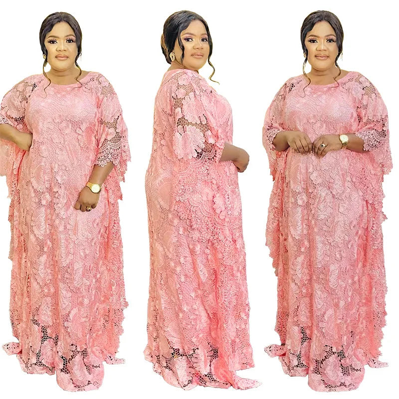 White Lace Hollow Africa Dresses for 2023 Muslim Women Dress African Clothes Dashiki Taditional Boubou Arabic Robe Femme Ramadan