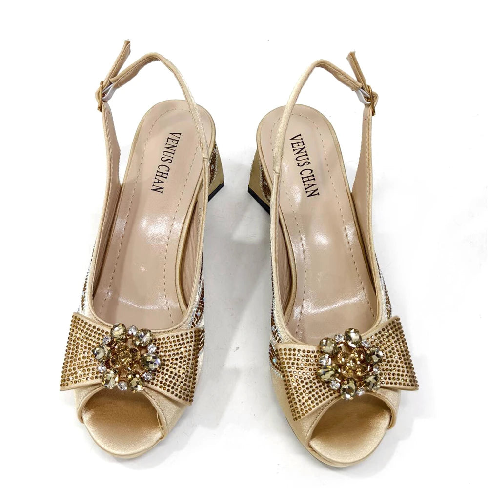Venus Chan Italian Shoes and Bags Matching Set 2024 Peep Toe High Heels Peach Colour Bow Rhinestones Women Shoes for Party