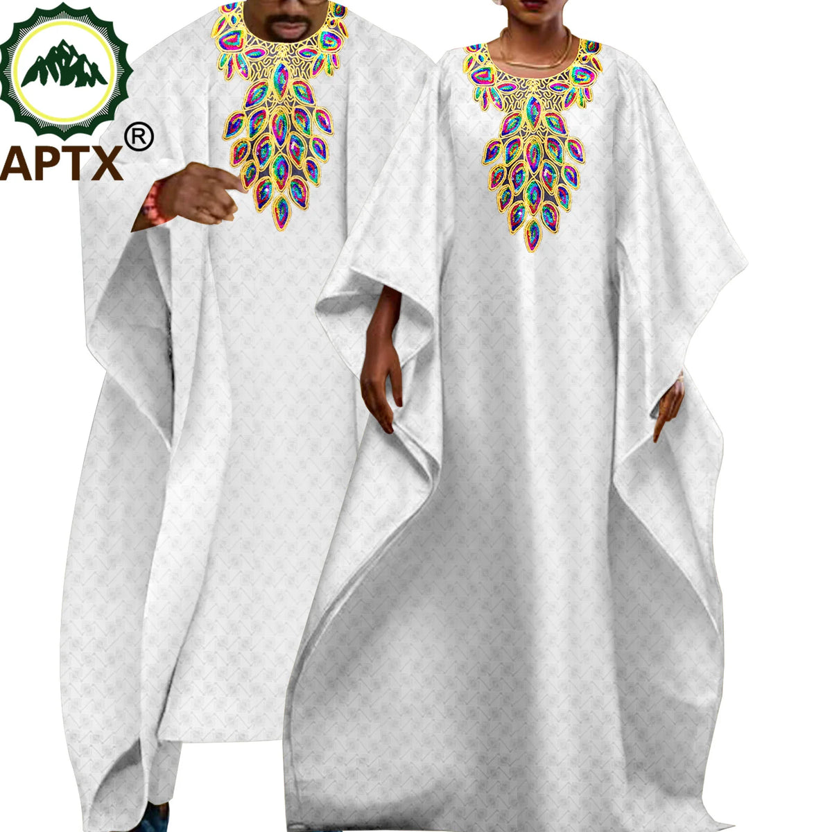 African Couple Clothes Men Embroidery Robe Shirt Pants 3 Pieces Set Women Dress V-neck Ankara Riche Attire Causal Wear T23C006