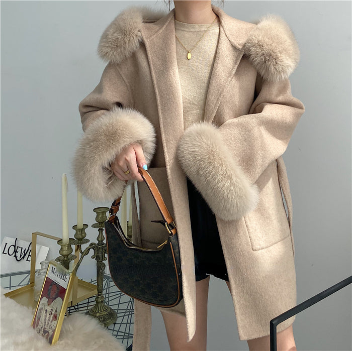 2024 New Oversize Ladies Outerwear Real Fur Coat Winter Jacket Women Natural Fox Fur Collar Cuffs Hood Cashmere Wool Woolen