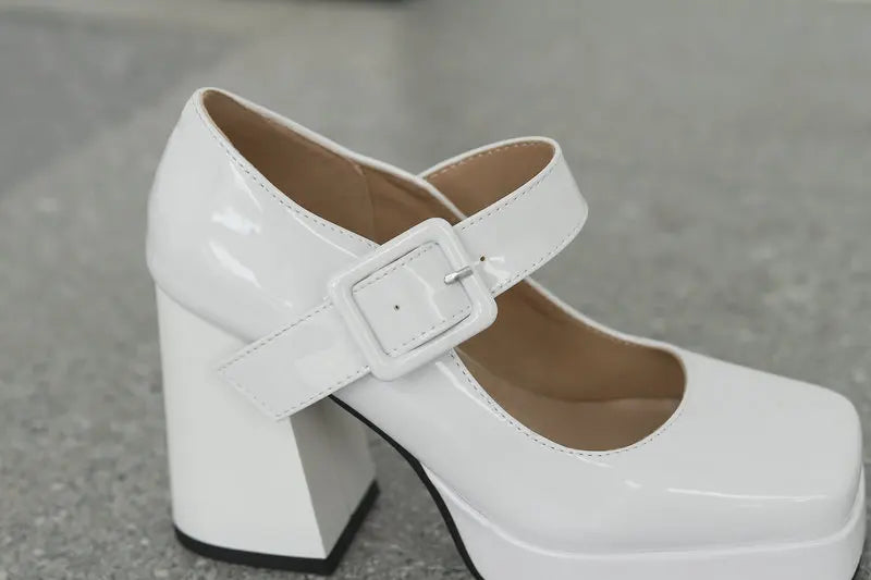 Size 33-48 Patent Shiny PU Leather Lady Office Pumps Wide Buckle Strap Platform Mary Janes Shoes Spring Fall Block Chunky Heels