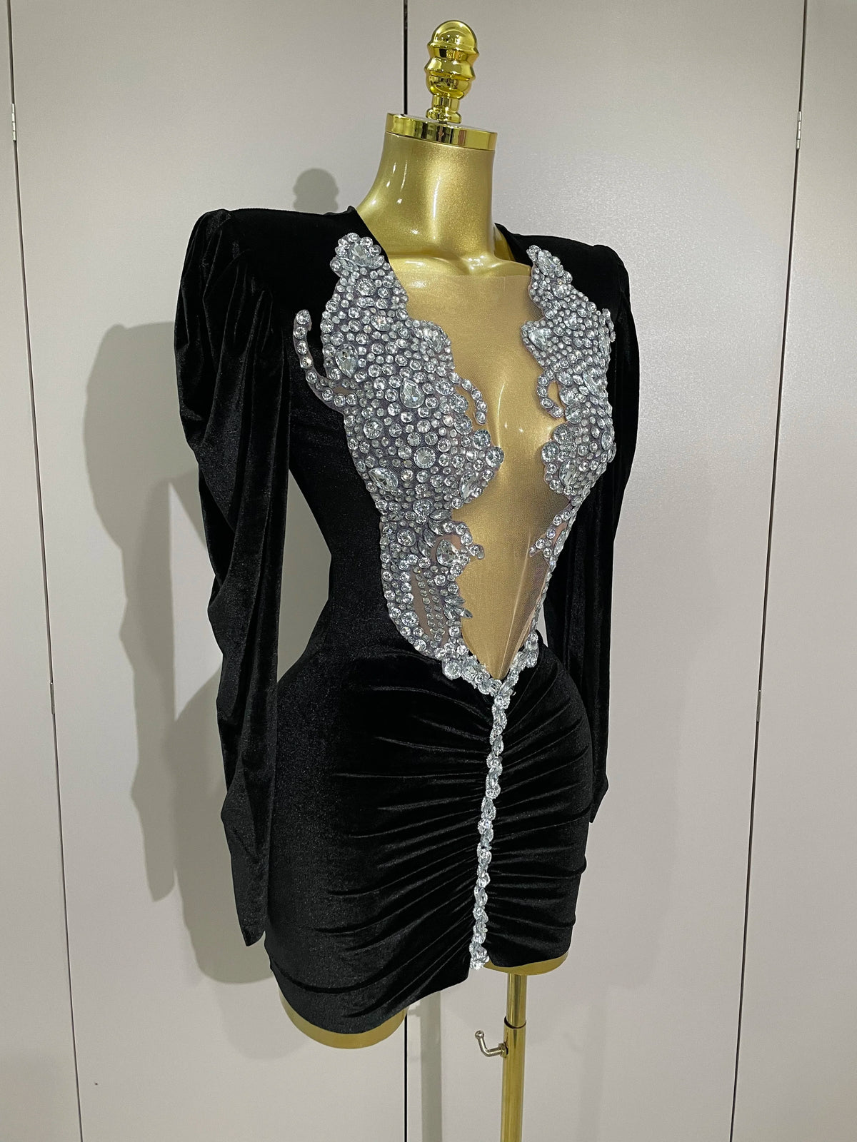 Sparkly Crystals Sexy Mesh Black Velvet Short Dress Women Elegant Evening Prom Luxury Birthday Party Dresses Stage Costume