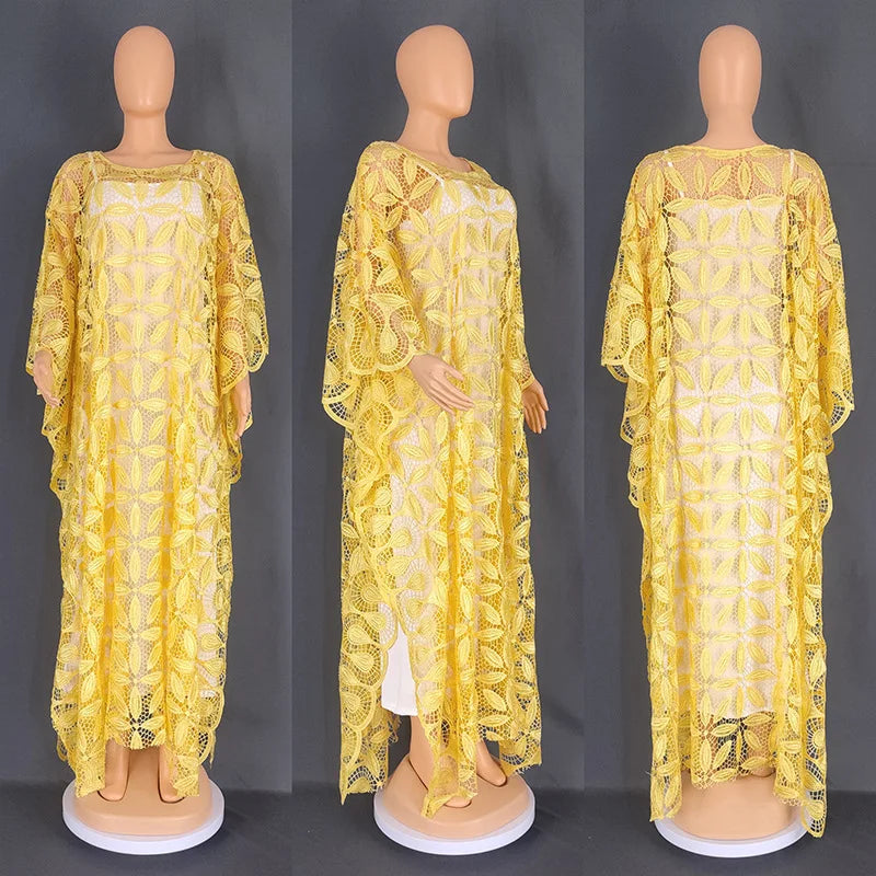 White Lace Hollow Africa Dresses for 2023 Muslim Women Dress African Clothes Dashiki Taditional Boubou Arabic Robe Femme Ramadan
